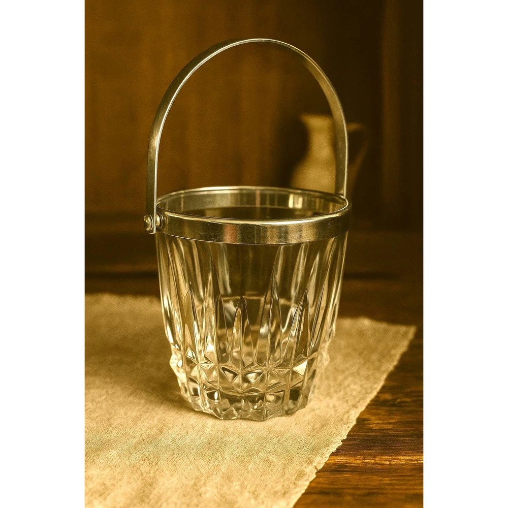 Vintage Lead Crystal Ice Bucket Chrome Handle Mid Century Cut Crystal Barware